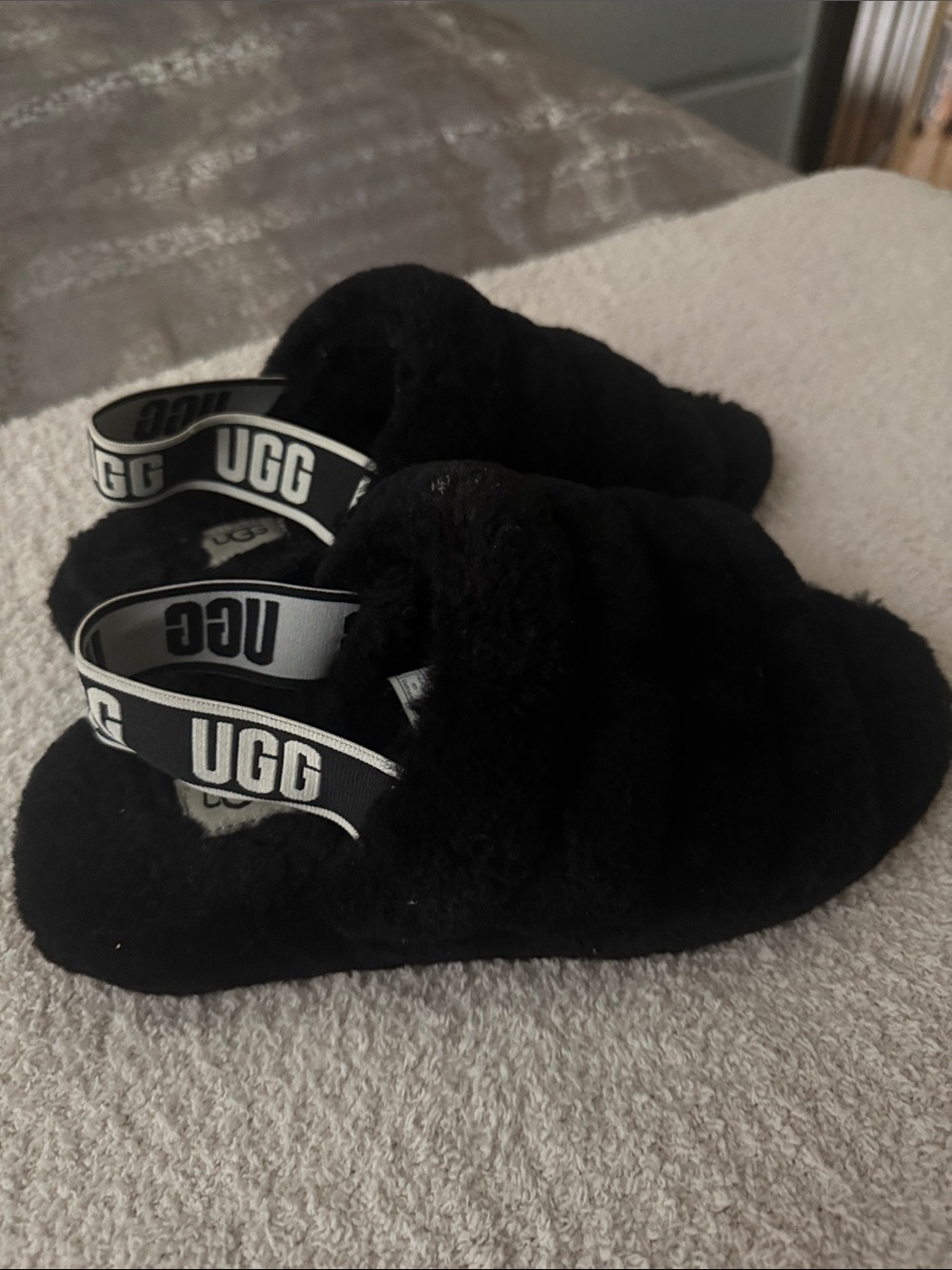 UGG Kids Black Plush Slingback Slippers